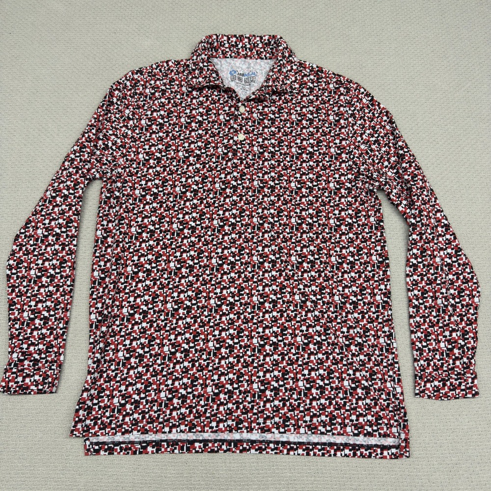 IBKUL Polo Shirt Mens Medium Geometric Mosaic Print Performance Golf UPF Stretch